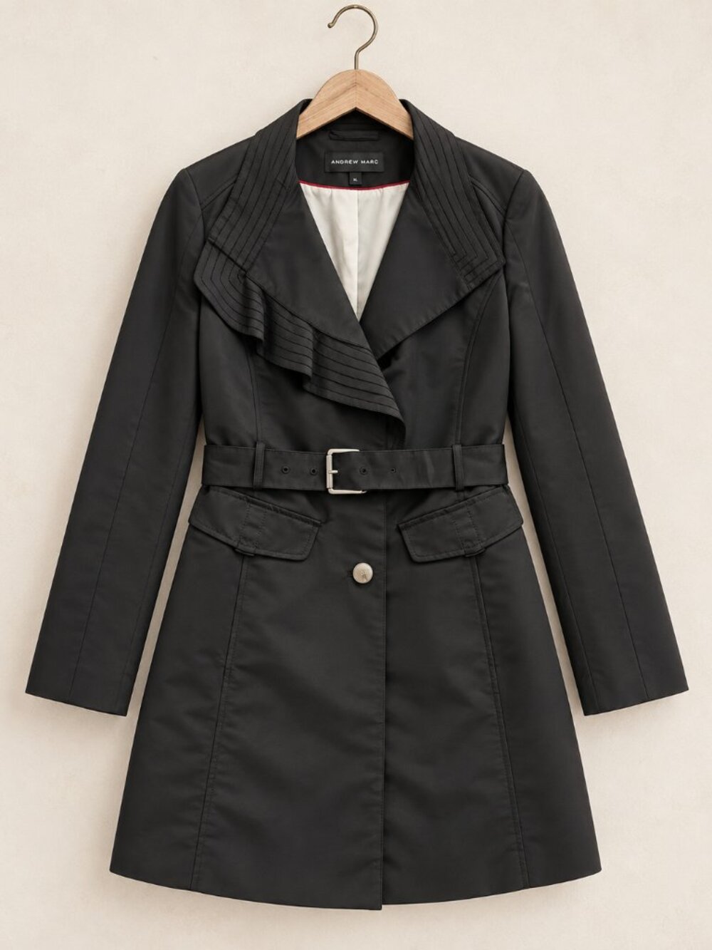Andrew Marc Black Belted Trench Coat XL Ruffle Pleated Collar Knee Length - Picture 2 of 6